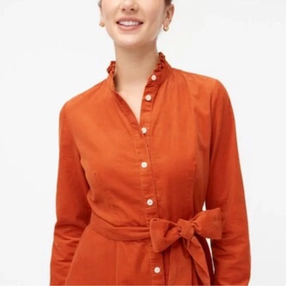 J. Crew burnt orange corduroy button down waist tie ruffle neck dress, size 18 - Picture 2 of 11